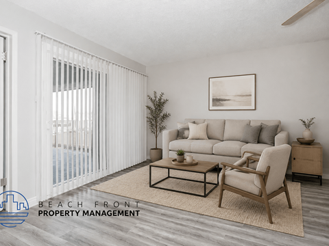 A living room with a couch, chair, and a plant.