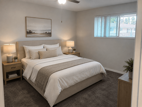 A bedroom with a large bed and a painting on the wall.