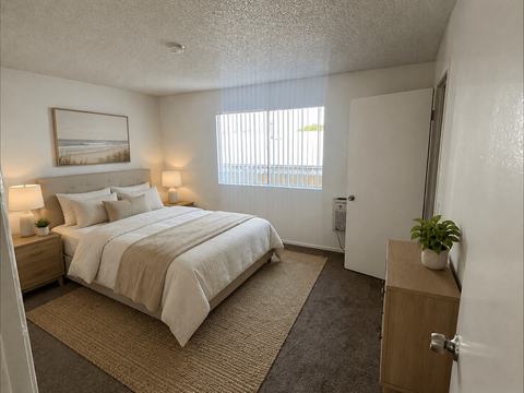 A bedroom with a large bed and a window with blinds.