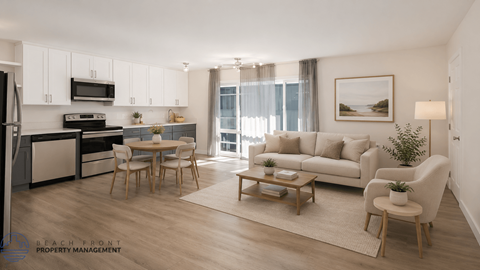 A well-lit, modern kitchen with a dining table and chairs in the foreground.