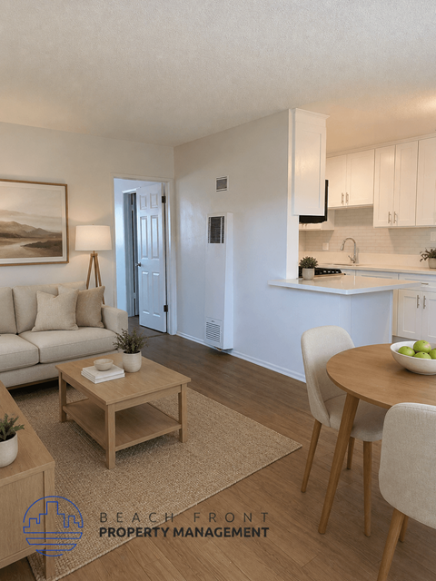 A living room with a couch, a coffee table, and a dining table with chairs.