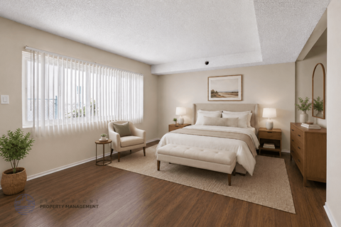 A well-lit bedroom with a large bed and a chair.
