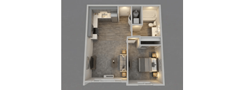 A top-down view of a small, modern apartment with a kitchen, living room, and bedroom.