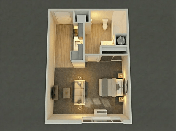 A top-down view of a small apartment with a kitchen, living room, and bathroom.