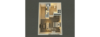 A top-down view of a small apartment with a kitchen, living room, and bathroom.