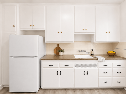 A white refrigerator stands next to a kitchen counter with a bowl of fruit on it.