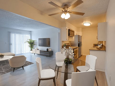 A living room with a television, a dining table and chairs, and a kitchen area.