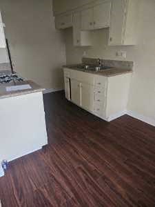 a kitchen with a wooden floor and a sink