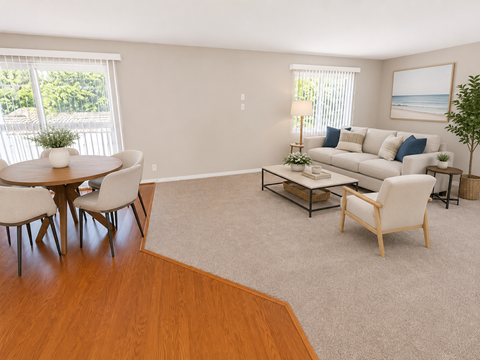 A living room with a white couch, a coffee table, and a dining table with chairs.