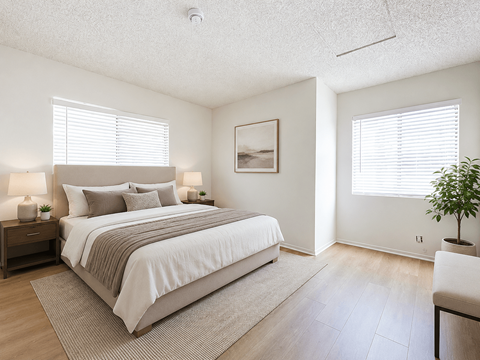 A bedroom with a large bed and a painting on the wall.