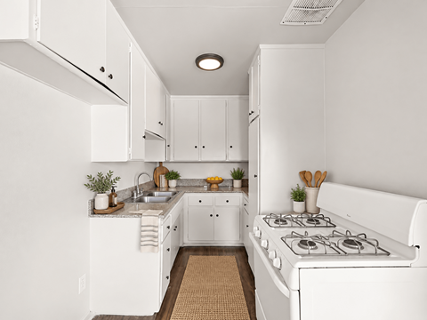 A white kitchen with a stove and sink.