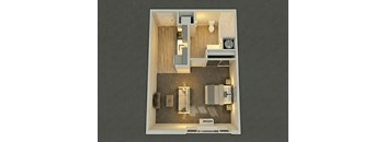 A top-down view of a small, modern apartment with a kitchen, living room, and bathroom.