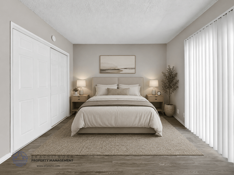 A bedroom with a large bed, two nightstands, and a window with blinds.