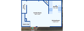 A blue and white floor plan of a house with a family room, kitchen, dining room, closet, and stairs.