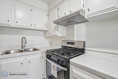 A modern kitchen with a stove top oven and a sink.