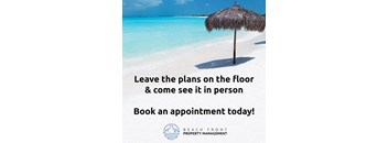 a beach with an umbrella and the words leave the plans on the floor & come see it