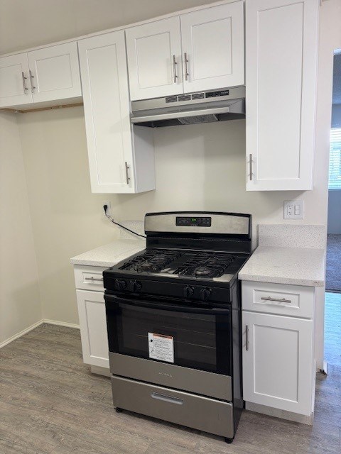 A kitchen with a stove and cabinets.