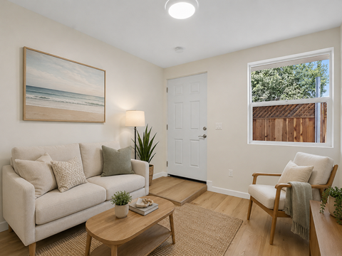 A living room with a couch, a chair, a coffee table, and a painting on the wall.