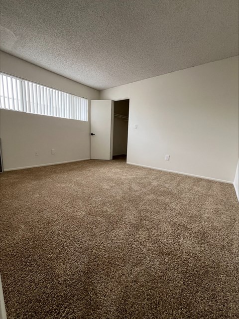 an empty living room with carpeting and a window