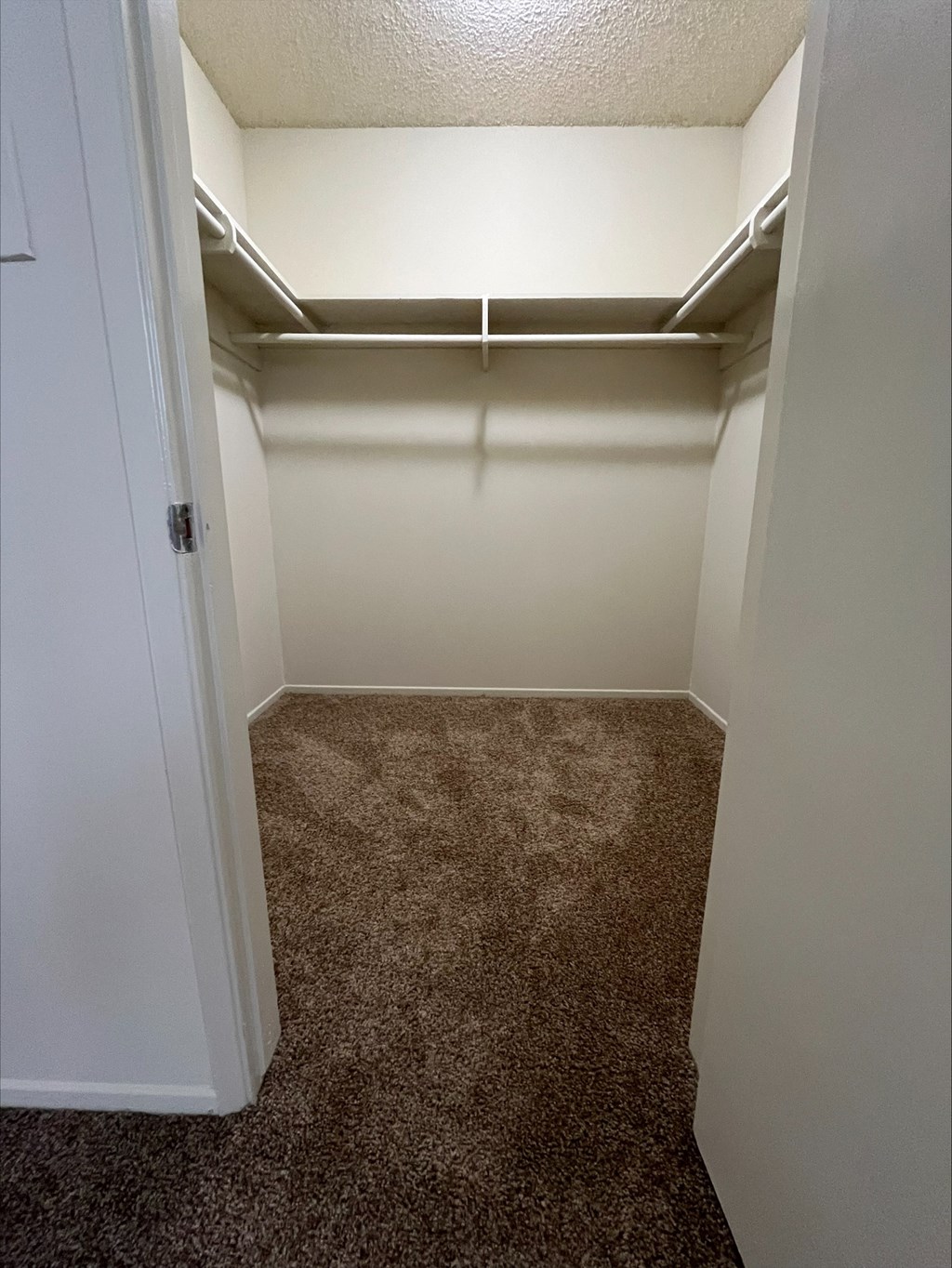 an empty closet with a carpeted floor and white walls