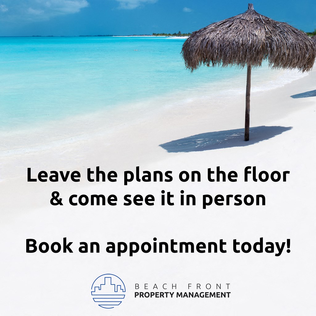 A beachfront property management advertisement encourages booking an appointment.