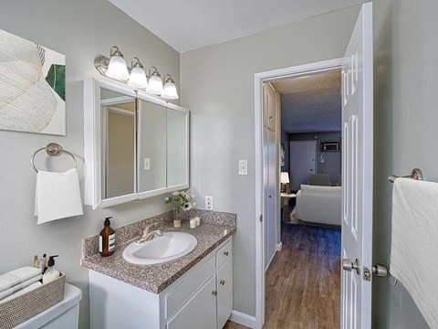 A bathroom with a sink, mirror, and towel rack.