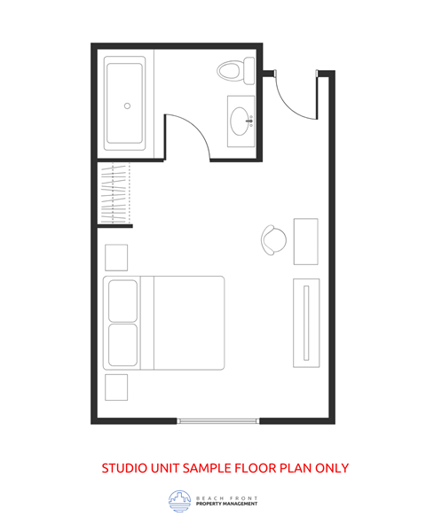 A black and white floor plan of a studio unit.