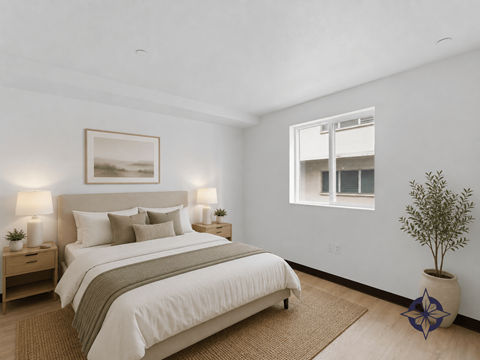 A bedroom with a large bed and a small tree.