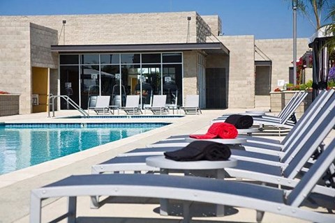a pool with a bunch of lounge chairs and a hat