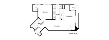 A black and white floor plan of a home with a living room, dining area, kitchen, bath, foyer, bedroom and balcony.