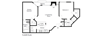 A black and white floor plan of a home with a primary bedroom, living/dining room, kitchen, and two bathrooms.