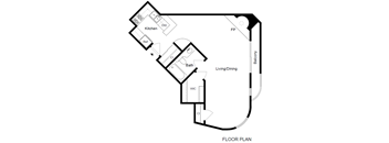 A black and white floor plan of a house with a kitchen, bath, and living/dining area.