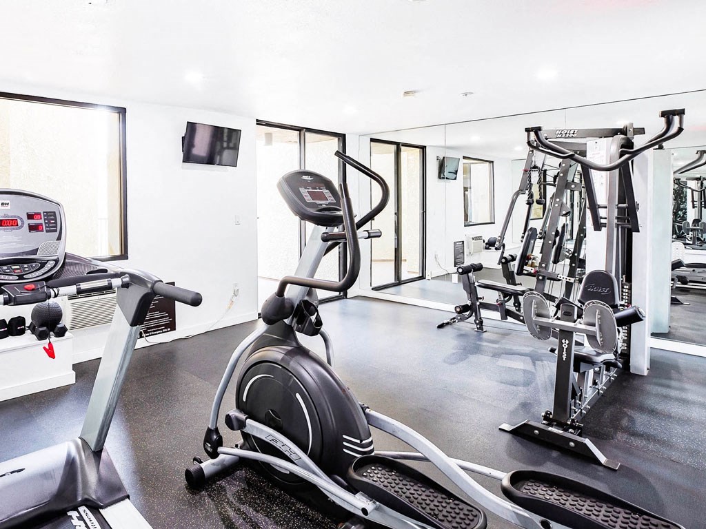 a gym with weights and cardio equipment in a home gym