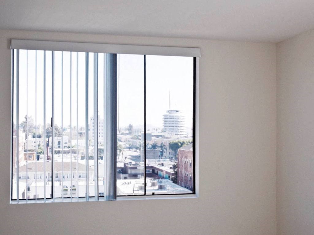 a view of the city from a window in a living room