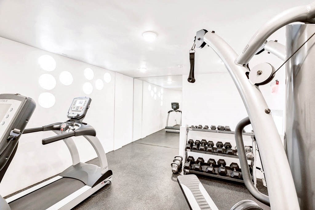 the gym has treadmills and other workout equipment in the basement