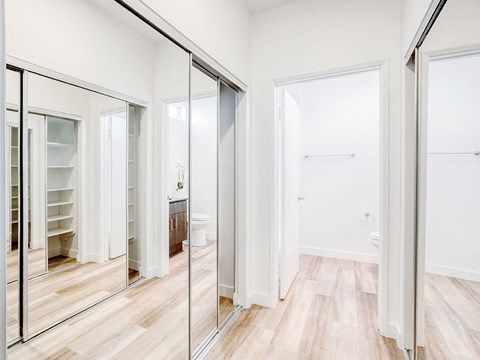 a bedroom with a mirror and a closet