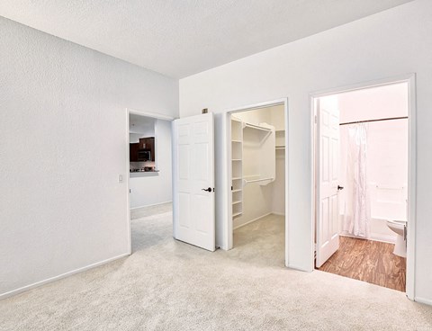 an empty bedroom with a closet and a bathroom