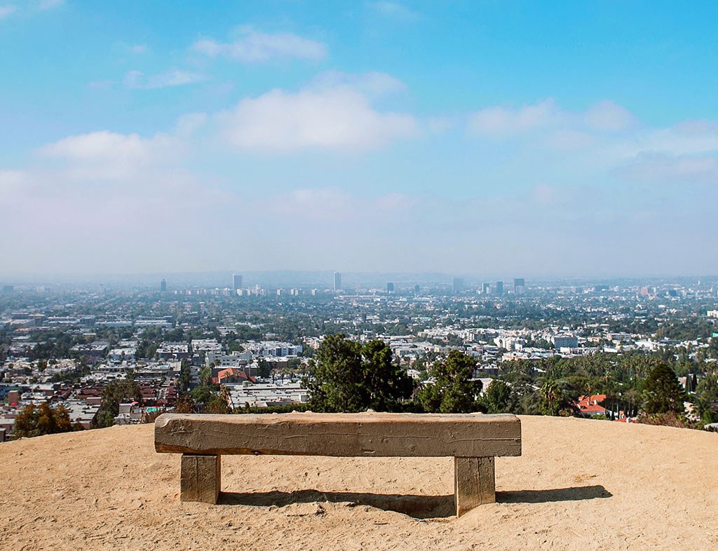 a bench sitting on top of a hill overlooking a city