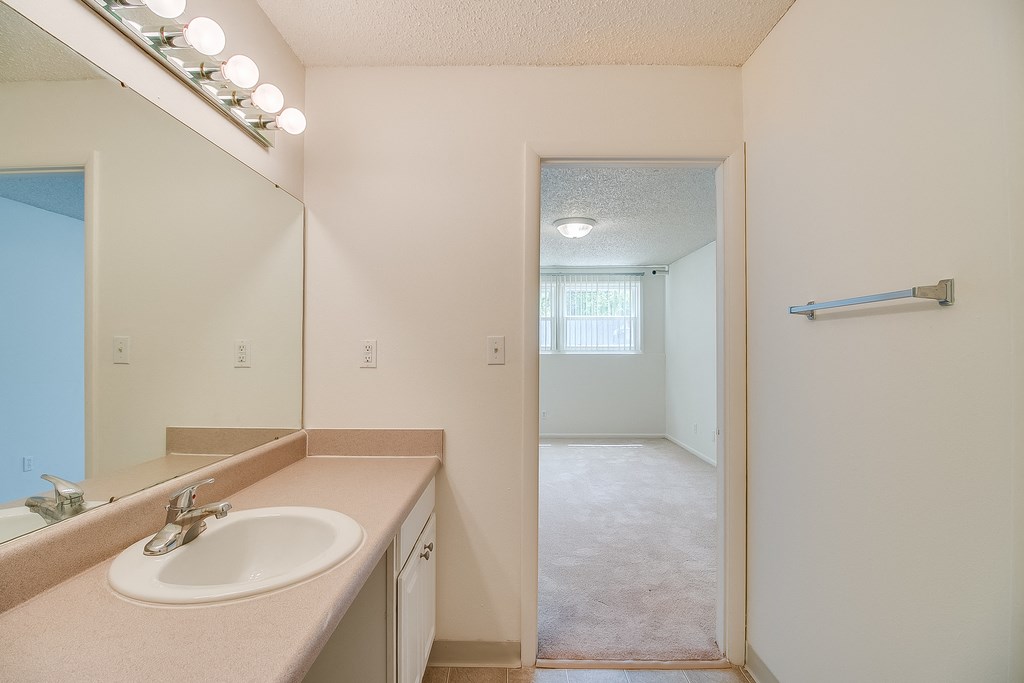 an empty bathroom with a sink and a mirror in a house