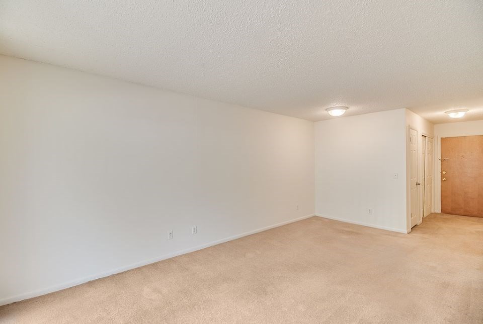 an empty living room with a door to a closet