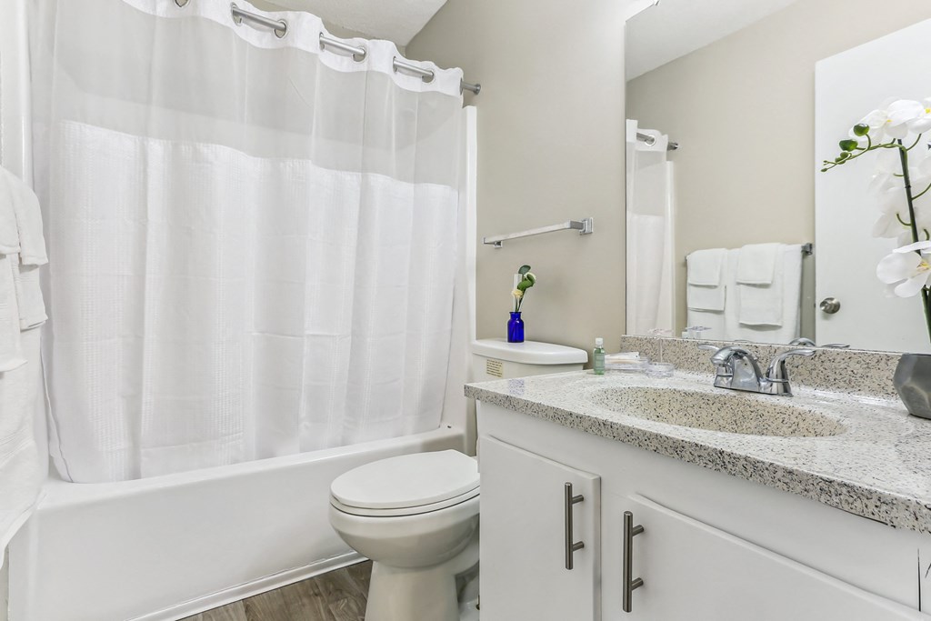a classic unit bathroom with a sink and a mirror and tub