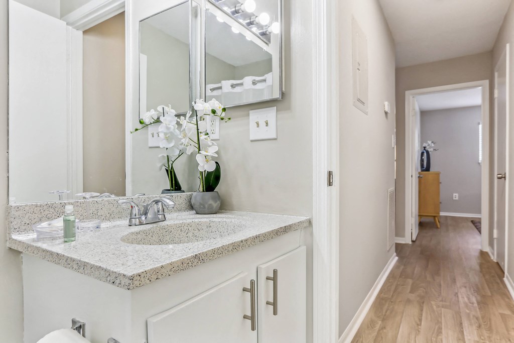a classic unit bathroom with a sink and a mirror