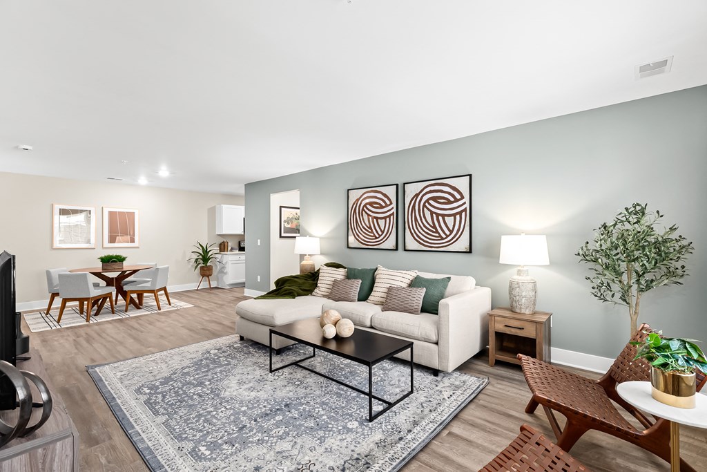 a living room with a couch and a coffee table