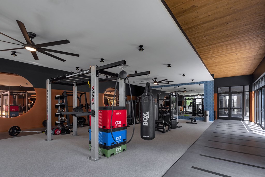 a home gym with a red and blue machine in the middle of the room