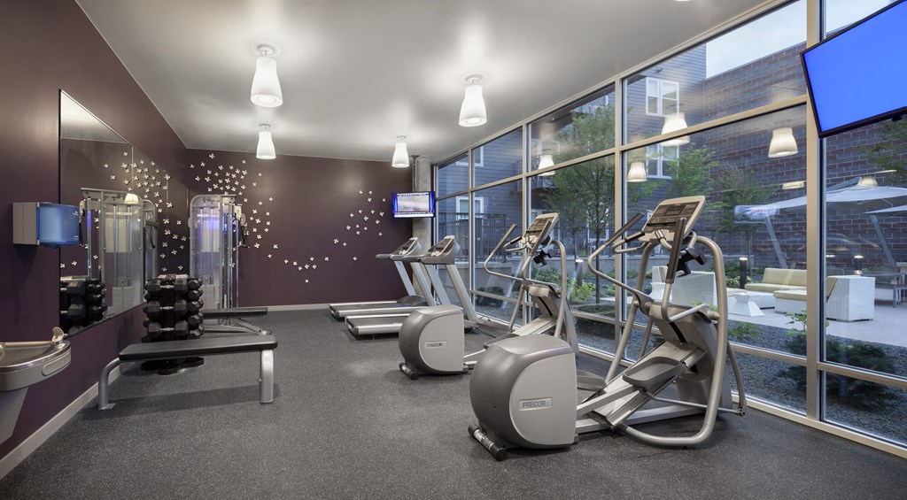 a gym with weights and a large window