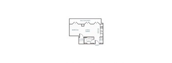 A floor plan of a home with a balcony, bedroom, bath, and entry.
