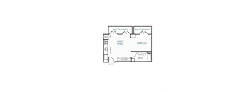 A floor plan of a small apartment with a living room, dining room, kitchen, bathroom, and two balconies.