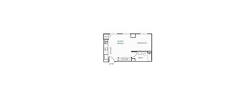 A floor plan of a small apartment with a kitchen, living room, dining room, bedroom, bathroom, and entry.