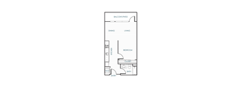 A floor plan of an apartment with a kitchen, bathroom, and living room.