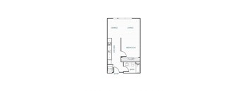 A floor plan of a small apartment with a kitchen, bathroom, and two bedrooms.